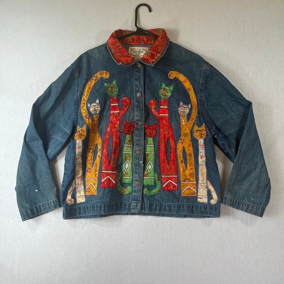 Tantrums Jackets & Blazers - Tantrums Vintage Denim Jacket Women L Cat Patchwork Embroidered Art to Wear